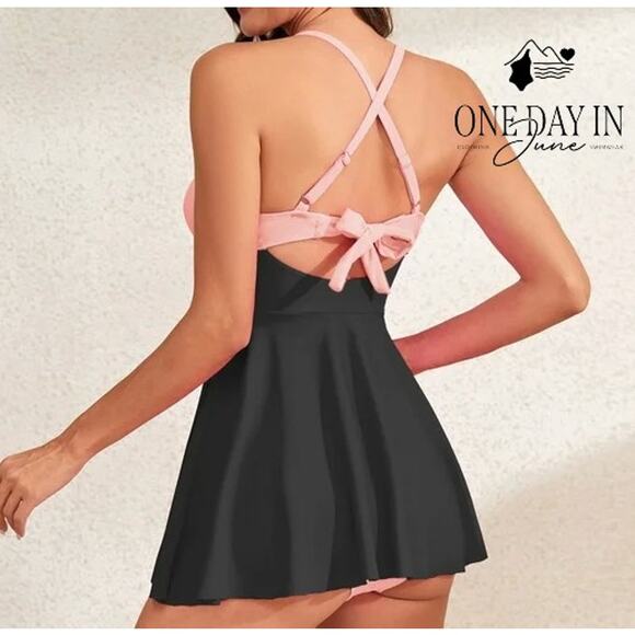 B2Prity Twist Front Cut Out Tie Back Swimdress One Piece Swimsuit Size M - Picture 2 of 7